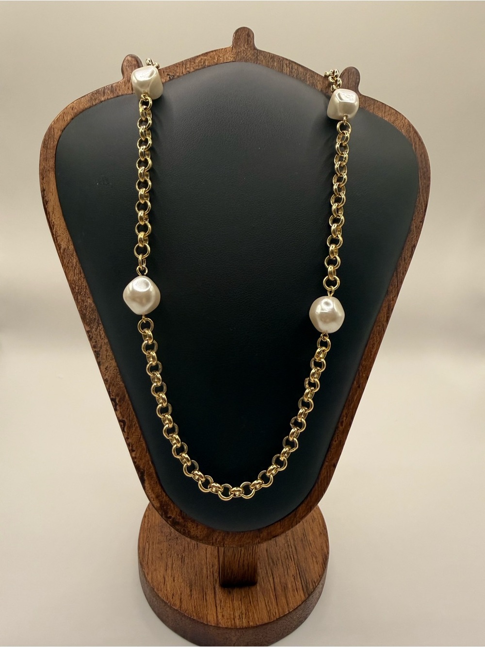 Gold Tone Chain & Baroque Pearl Statement Necklace